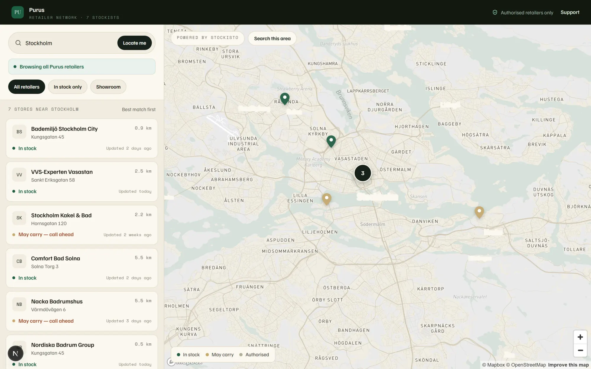 The Stockisto locator showing Swedish stores on a branded map and list